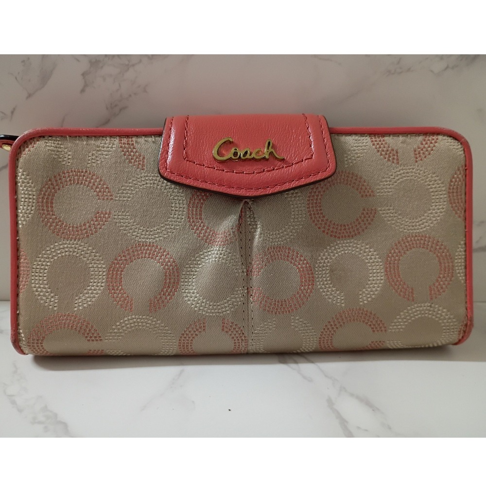 COACH Ashley Vintage Dotted Op Art Coral Pink Leather Envelope Wallet